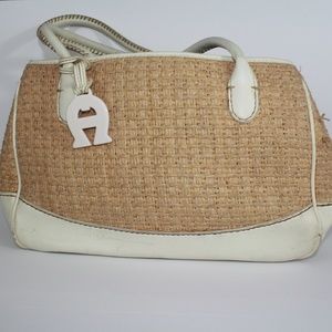 Aigner purse, large, straw with white leather
